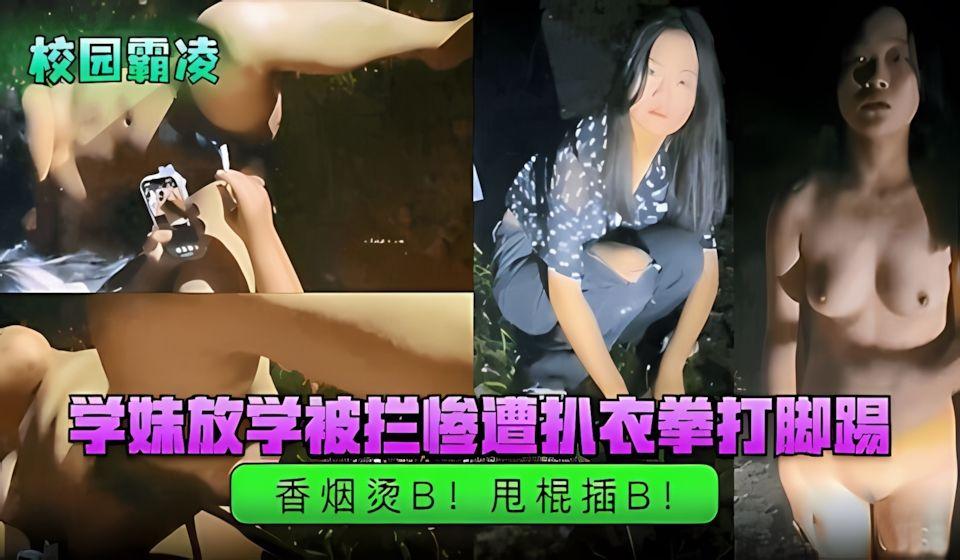 校园霸凌学妹放学被拦惨遭扒衣拳打脚踢香烟烫逼甩棍插逼