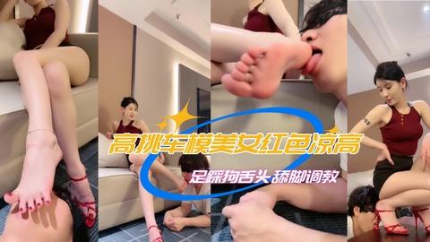 高挑车模美女红色凉高跟足踩狗舌头舔脚调教